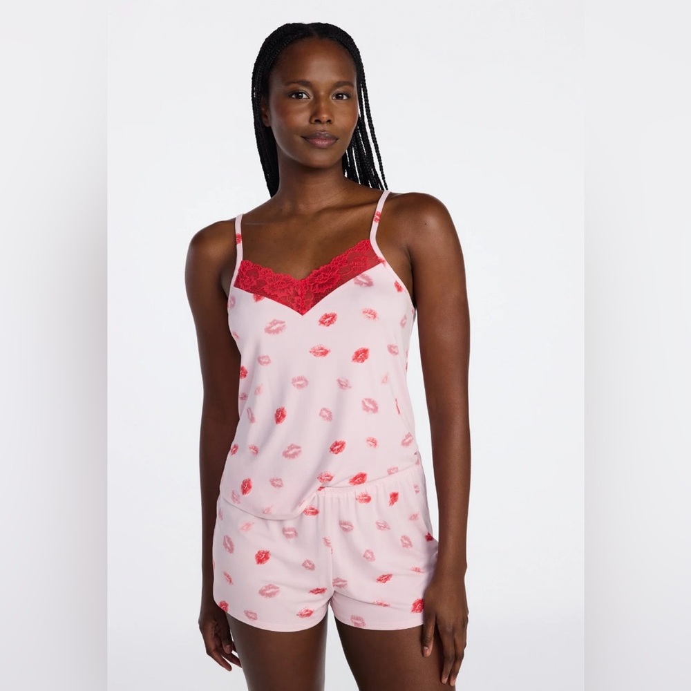 Joyspun Pink Sky Kiss Marks Lace Trim Dreamy Soft Knit Valentines Day Set